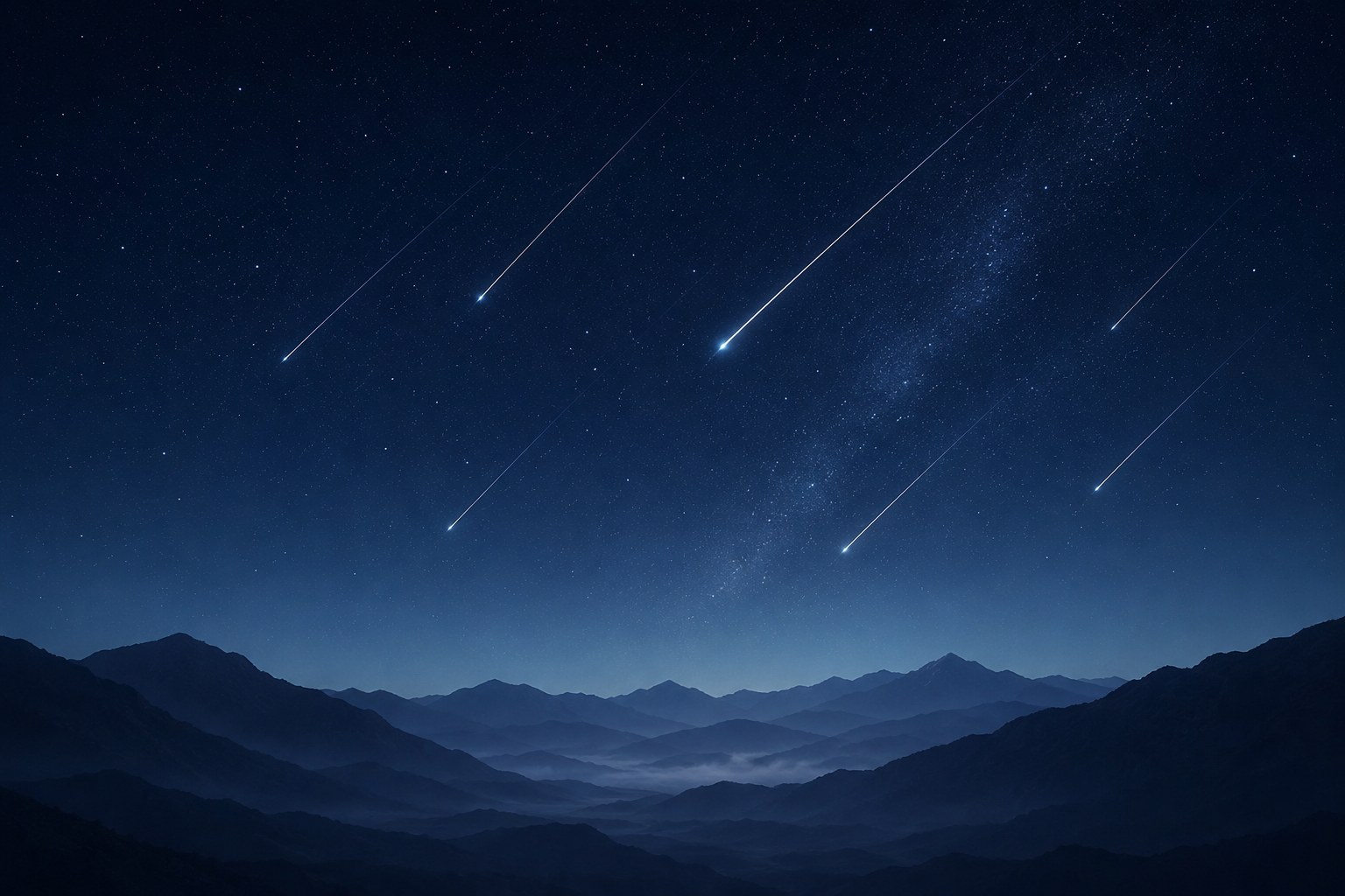 Falling stars above a deep blue mountain landscape
